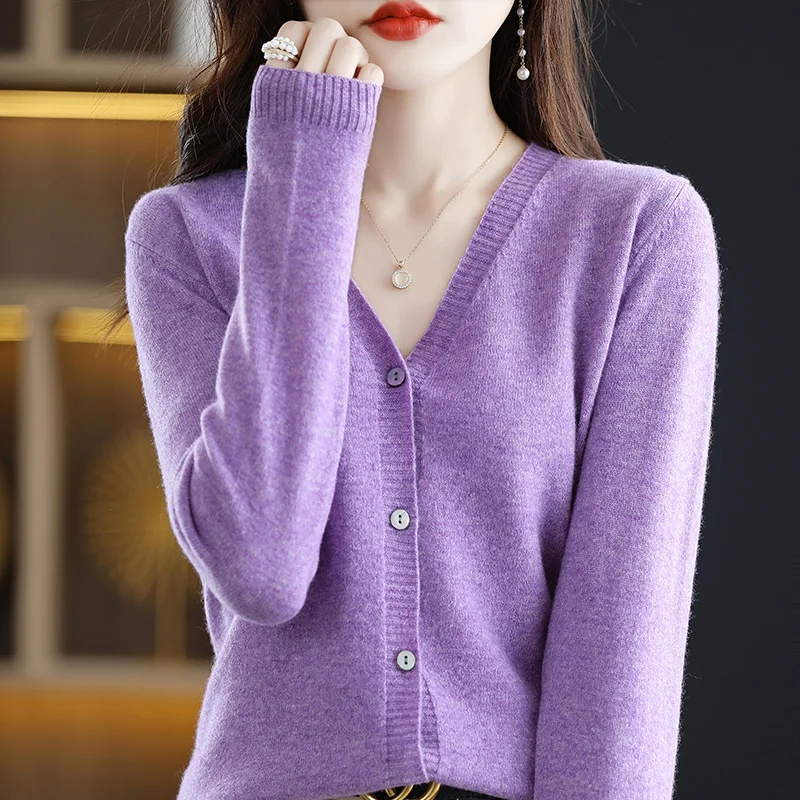 

Women's Cardigan 100% Merino Wool Knitted Sweater Chic Top Causal Long Sleeve Loose Large Size Women Shirt Spring Autumn