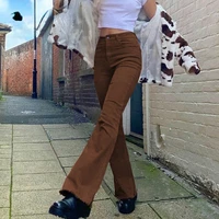 indie aesthetics slim brown flare jeans vintage solid high waist moms pants 90s fashion denim trousers outfit