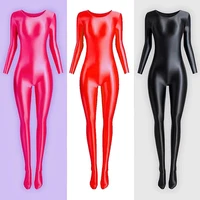 oily glossy long sleeve elastic women jumpsuits bodycon rompers one piece swimsuit silky tights satin pantyhose thong