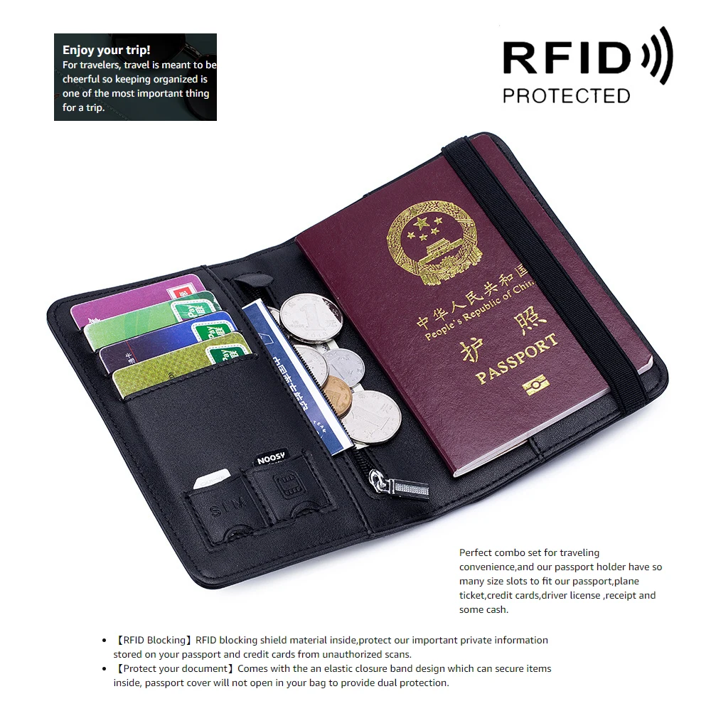 Leather RFID Blocking Passport Holder with Elastic Strap Cowhide Travel Wallets Protector Cover Case Card Holder for Men/Women