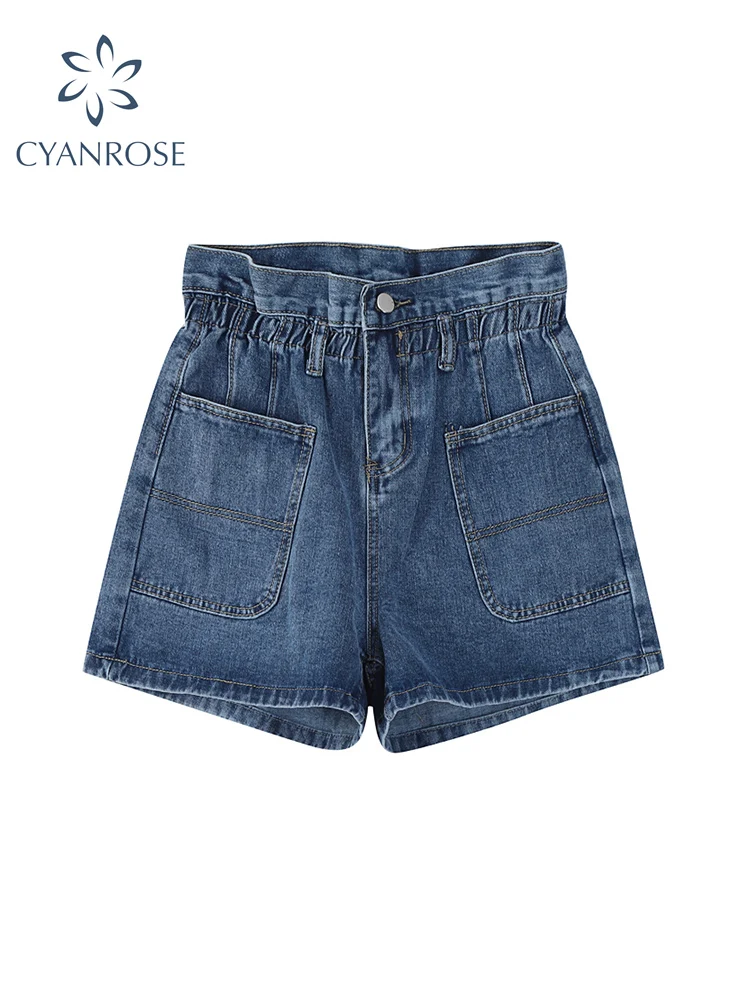 

Шорты женские джинсовые с завышенной талией, повседневные винтажные уличные свободные универсальные трапециевидные штаны из денима с широ...