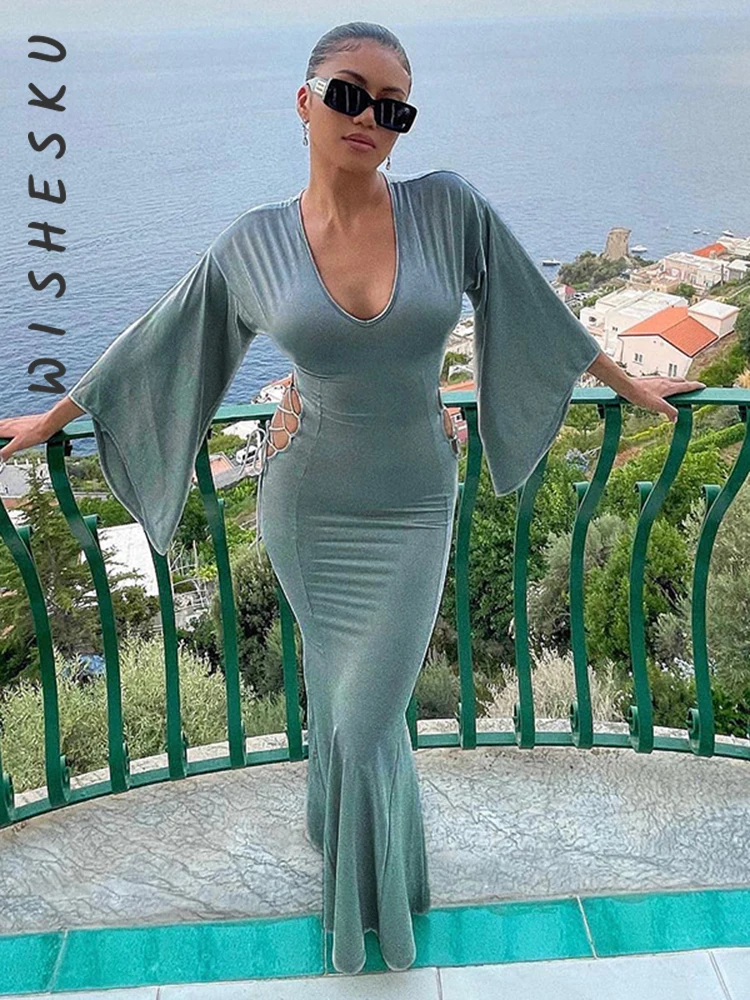 

Женское длинное платье с V-образным вырезом, длинным рукавом