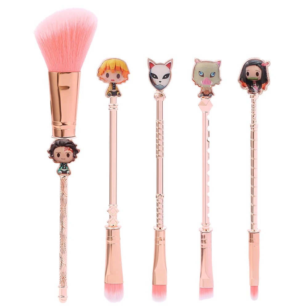 

5pcs/set Demon Slayer Kimetsu No Yaiba Makeup Brushes Cosmeitcs Set Rose Gold Women Cosplay Makeup Tool with Bag Props Gift
