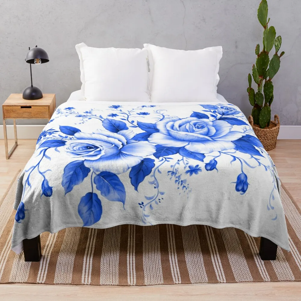 

Blue Rose Flannel Throw Blanket Valentine's Day Romantic Theme Flower Pattern Gift Lightweight Warm Super Soft King Queen Size