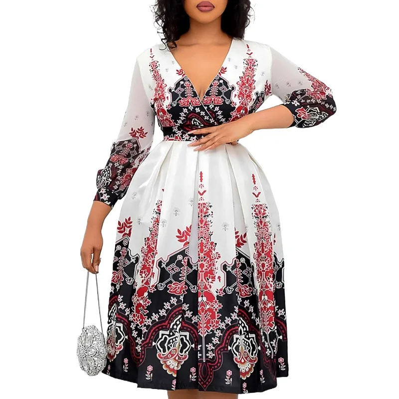 

African Dashiki Print Dress V Neck Abaya Ramadan Eid Mubarak Muslim Arab Long Kaftans Vestidos Robe Djellaba Femme Islam Prayer