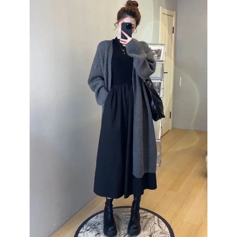 Женский весенний новый длинный свитер куртка черное платье комплект из 2