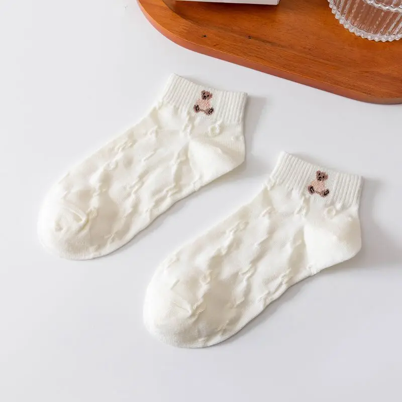 5pairs New White Cute Boat Socks Cotton Simple Short Tube High Elastic Small Fresh Women's Jacquard Socks Ins Casuals Girl Socks