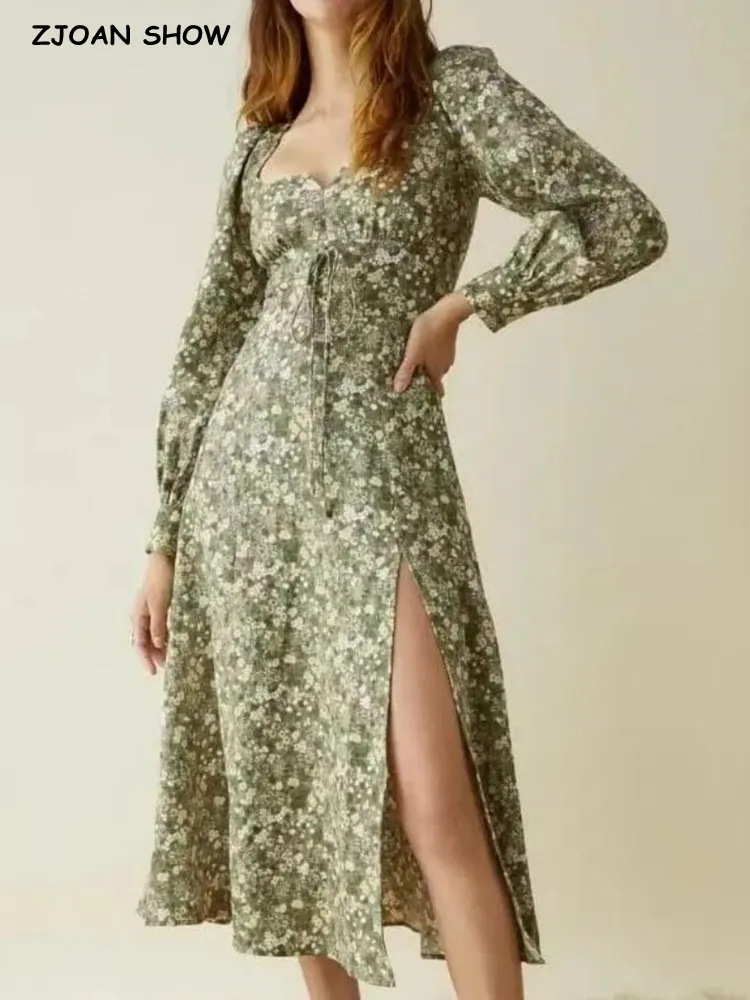 

Женское винтажное платье миди с цветочным принтом, зеленое платье во французском стиле с квадратным вырезом, длинным рукавом, перекрестной ...