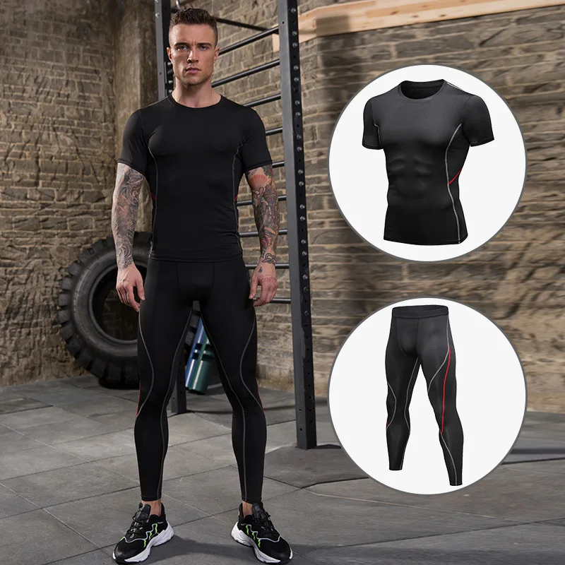 

Men Tight Training Suit PRO Running Fitness Suit Sports Quick-drying Suit Short Sleeves + Trousers Outfit for Men