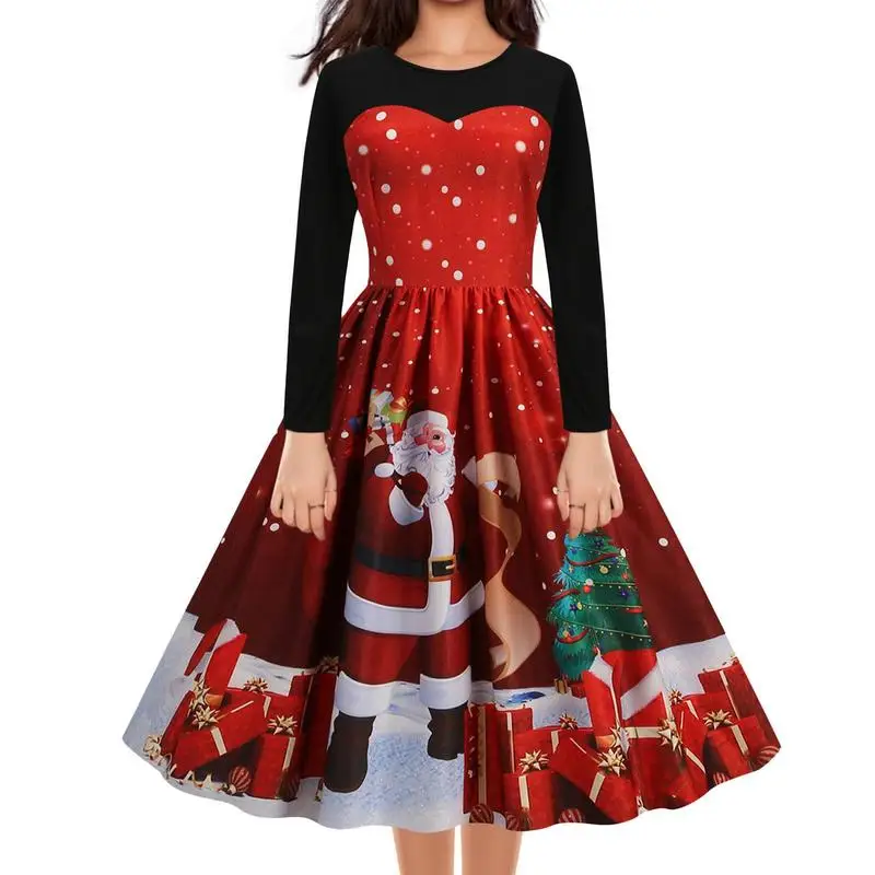 

Christmas Print Swing Dress Long Sleeve Christmas Dress Cute Christmas A-line Dress Princess Dresses Swing Cocktail Party