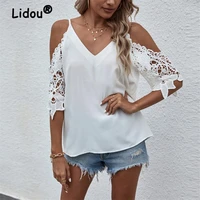 sexy hollow lace patchwork off shoulder backless v neck fashion blouse women summer elegant short sleeve loose shirt ladies tops