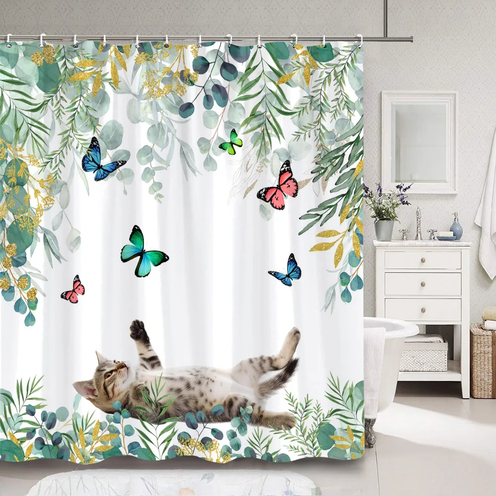 Забавная занавеска для душа с котом в цветах зеленые листья эвкалипта цветочные