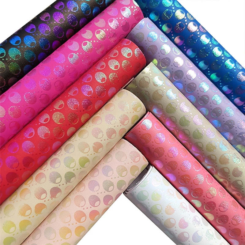 

30x135cm Wholesale Shiny Bubble Circle Dot Printed Iridescent Laser Reflective PU Synthetic Leather Fabric for Making Bag Shoe