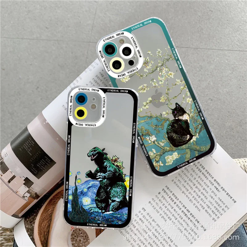 

Cat Van Gogh Painting Clear Phone Cases For Coque iphone X XR XS 7 8 Plus SE 2020 11 12 13 14 Pro Max Case Art Apple Phone Cover