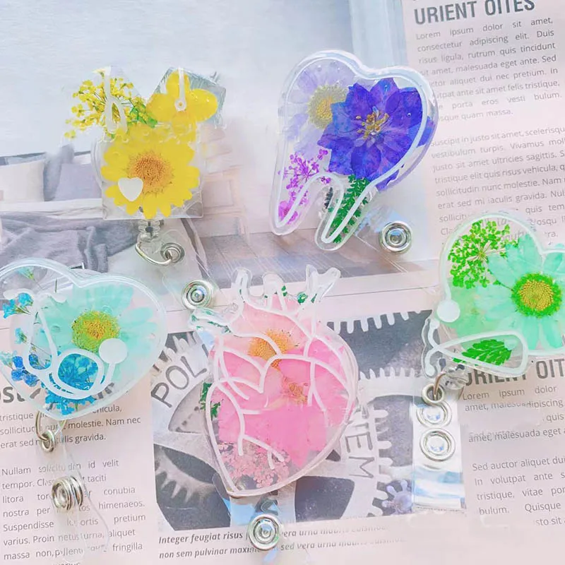 True Flowers Drops Of Glue Nurse Badge Reel Retractable ID Badge Holder With 360 Rotating Alligator Clip Name Holder