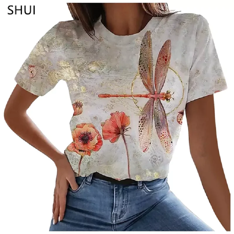 

2022Summer New Style 3D Printing T-shirt Dragonfly Printing Ladies T-shirt Printing Casual ShirtO-neck Hip-Hop Short Sleeve