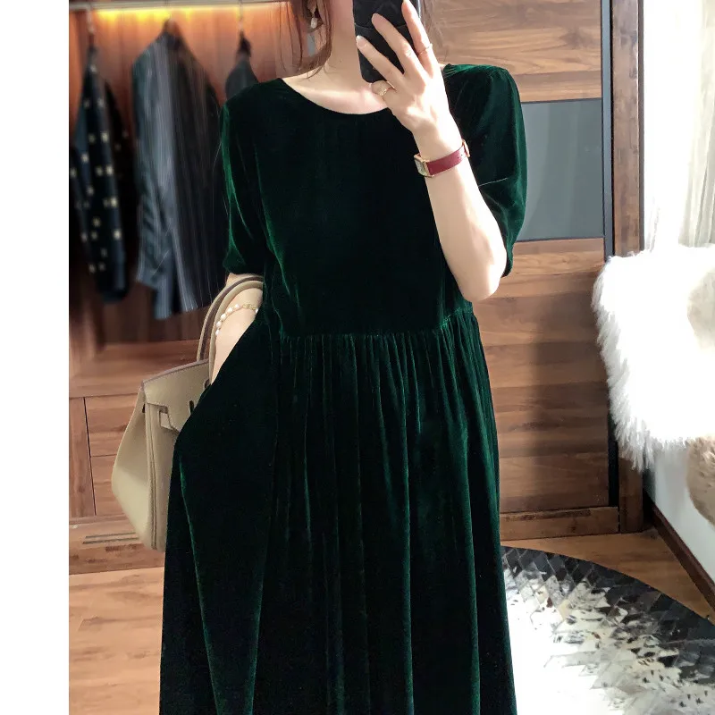 Women O-Neck Casual Loose Long Dress Korean Style Solid Color Velvet Dress With Pockets Large Size Loose Elegant Party Vestidos