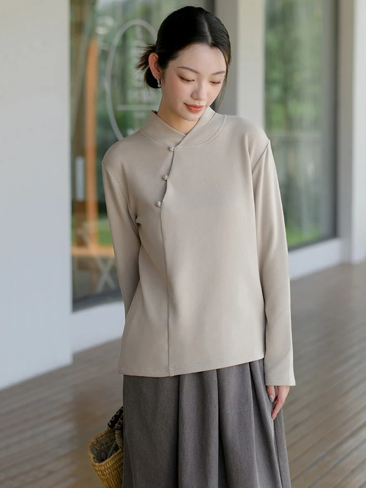 Рубашка в китайском стиле женские зимние топы с воротником-стойкой многослойные