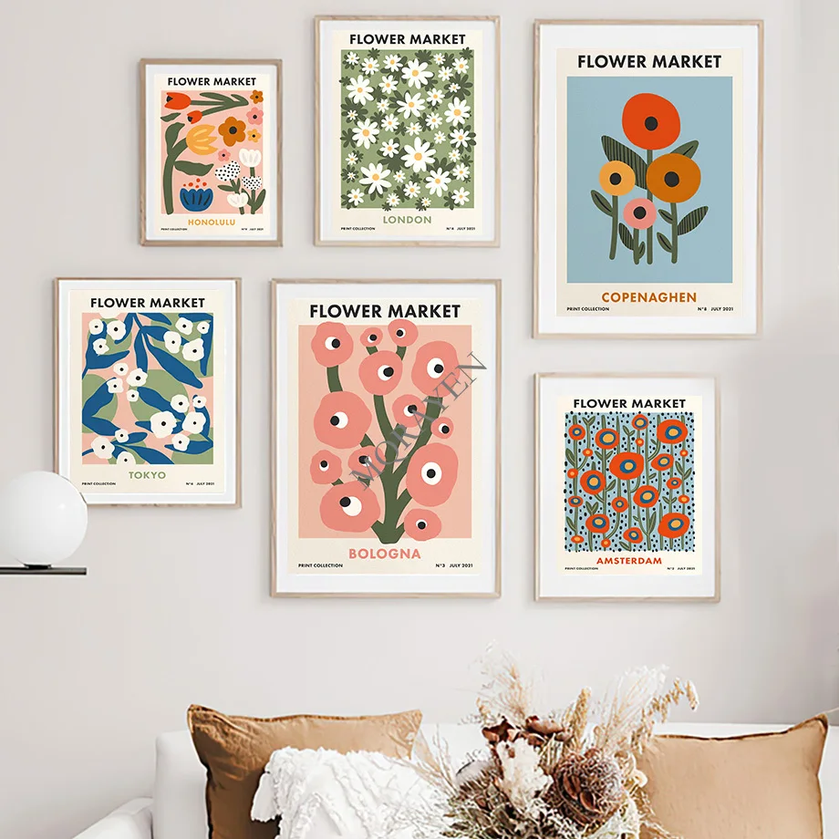 Красочный современный цветочный рынок Копенгаген Токио Художественная Картина на холсте скандинавский плакат печать настенные картины для украшения гостиной