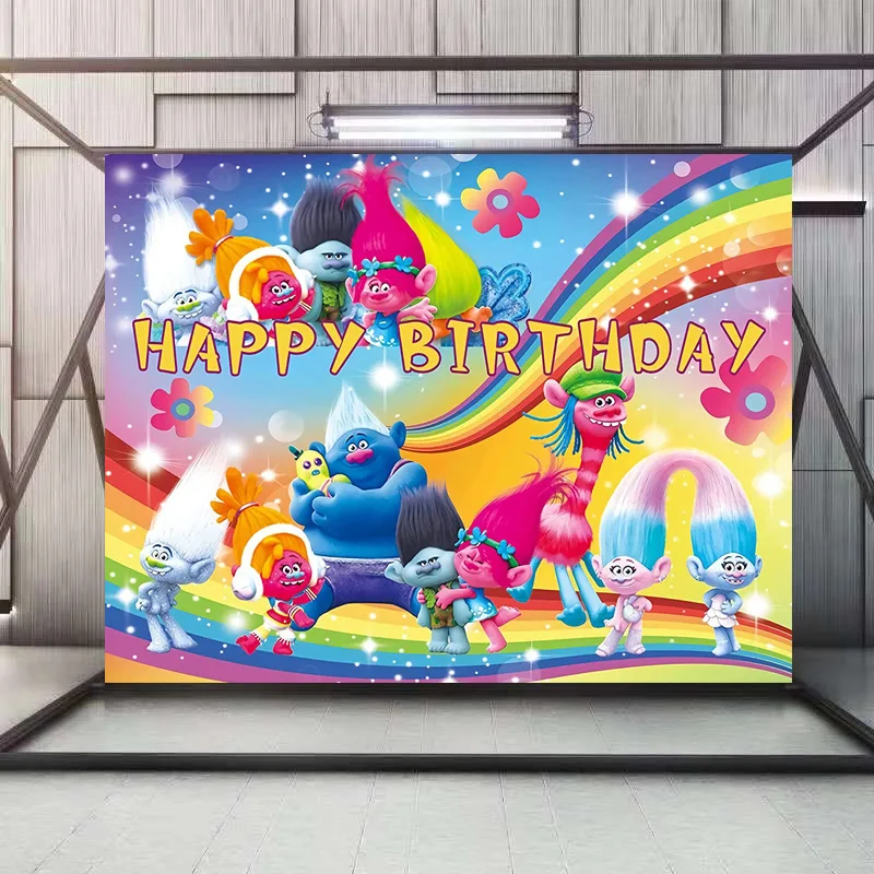 Фон на день рождения тканевый Тролль мультфильм Радуга Фотофон Дети День