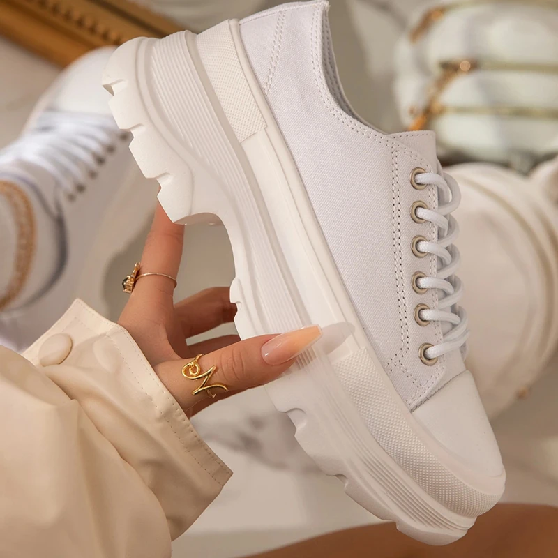 Outdoor Thick Bottom Non-slip Women Sneakers Fashion Leisure Solid Lace-up Woman Casual Shoes Spring Autumn Female Canvas Shoes
