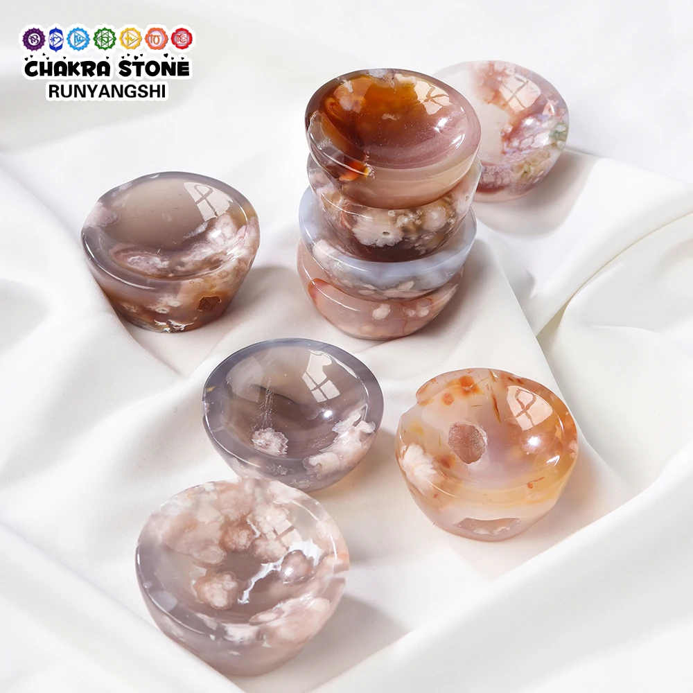 

Beautiful Natural Gemstones Flower Agate Crystal Bowl Crafts Healing Cherry Blossom Agate Carving Collection Ornament Girl Gift