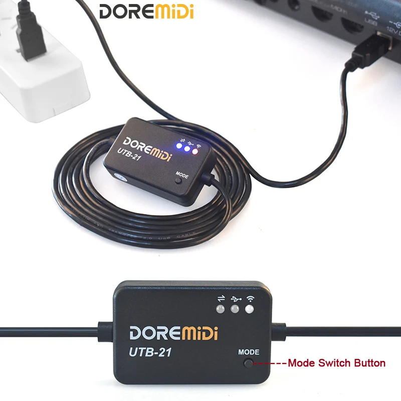 DOREMiDi แก้ไขเพลง USB MIDI ไร้สายบลูทูธอะแดปเตอร์ MIDI ไร้สาย MIDI สาย USB ที่มีตัวบ่งชี้และปุ่มสวิทช์โหมด