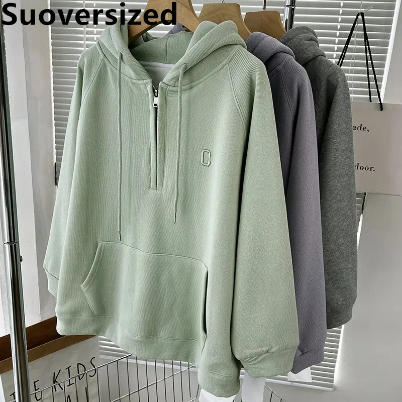 

Oversized 145kg Women's Half Zip Hooded Sweatshirts Spring Fall Loose Casual Long Sleeve Hoodie Korean Fashion Design Sudaderas