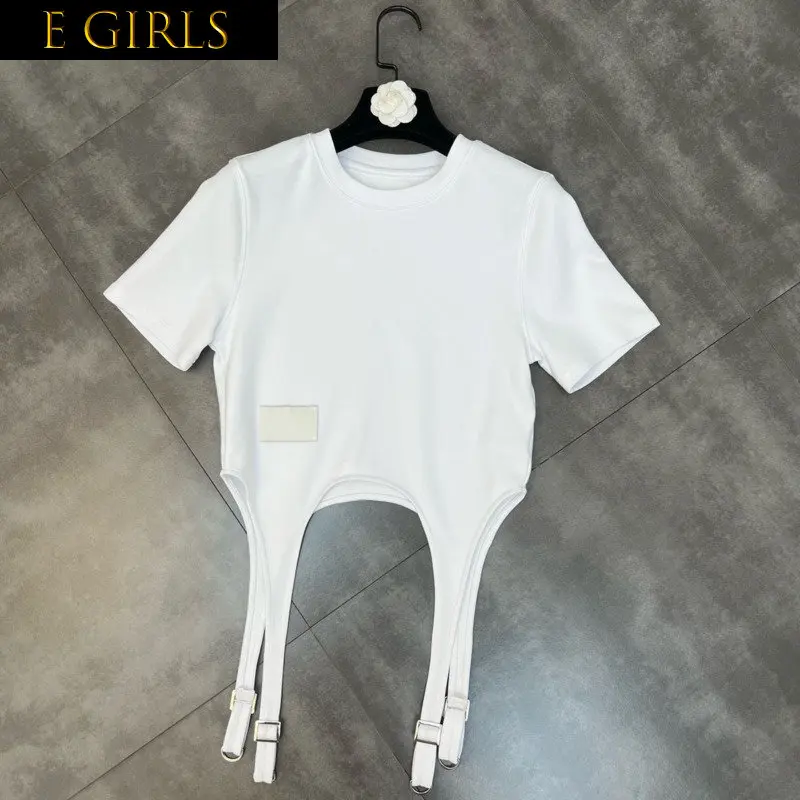 

E GIRLS 2022 Summer New Arrivals Short Sleeve O Neck Metal Buckles Tassel White T Shirt Women GF265