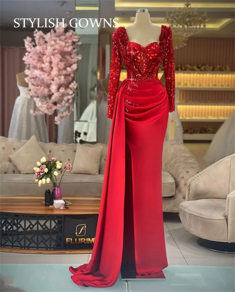 

Red Sweetheart Evening Dress With Long Sleeve Beaded Sequined Birthday Party Dresses Pleats Side Slit Mermaid Formal Gowns