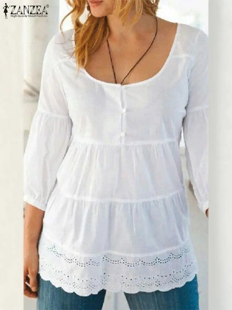 

Элегантная белая женская блузка, повседневные кружевные блузки ZANZEA, осенняя модная Однотонная рубашка с рукавом 3/4, вечерние блузки в стиле ...