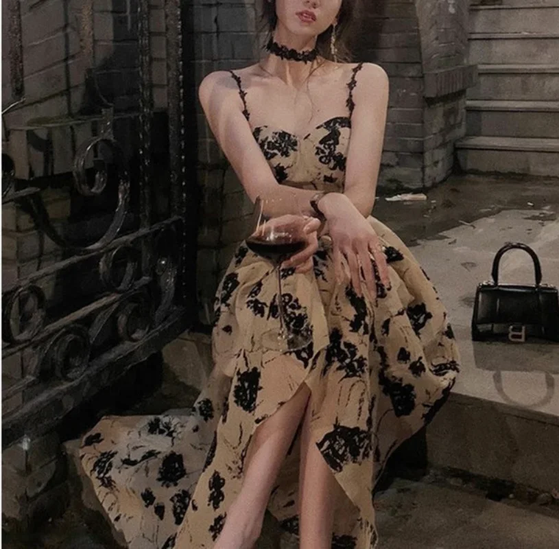 2023 Summer Floral Strap Midi Dress Women Sleeveless Elegant Vintage Dress Evening Party One Piece Dress Korean Fashion فساتين