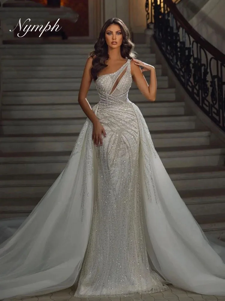 Русалка блестящие блестки из бисера свадебное платье на одно плечо роскошный