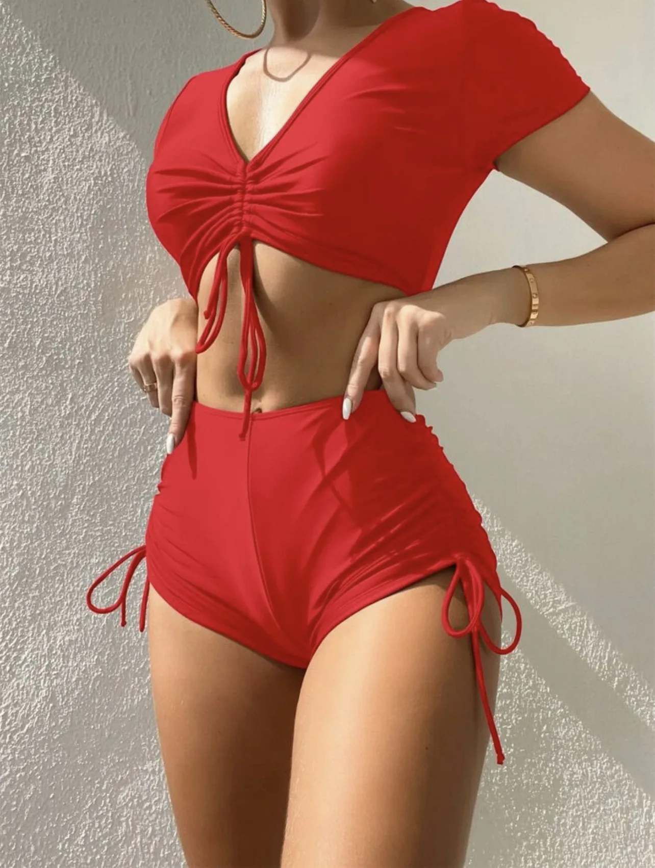 

2022 Party New Split Drawstring Lash Cord Solid Color Swimsuit Sexy Bikini Yukata Set Brazilian Bikini Conservative Swimwear
