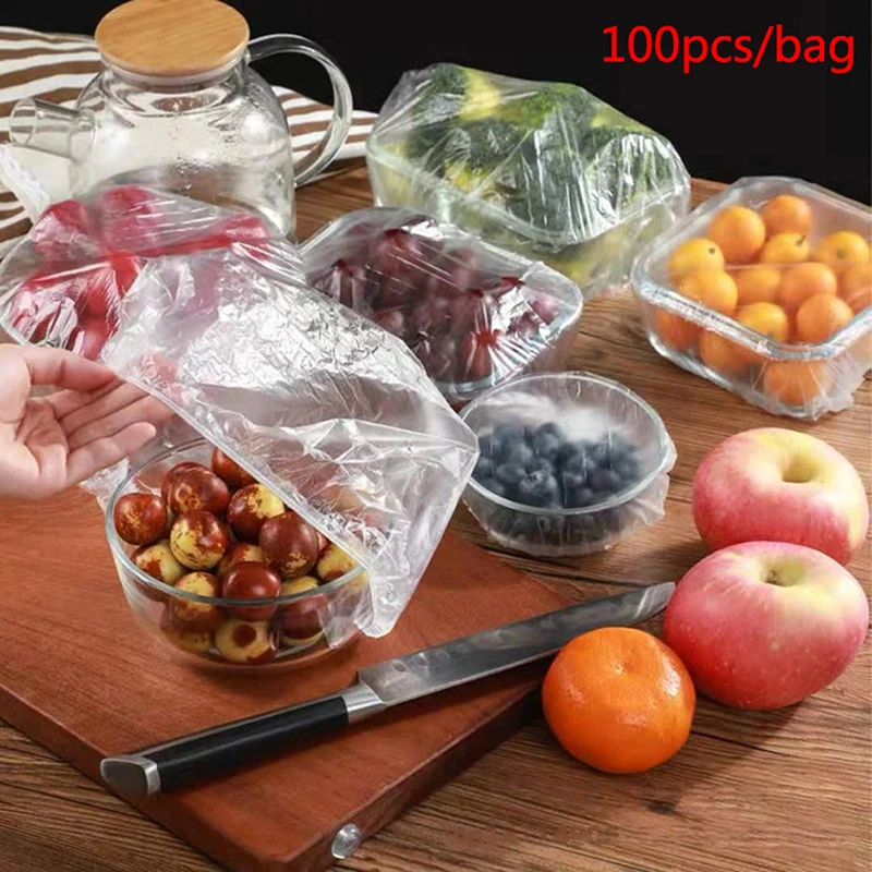

100ps/bag Reusable Food Storage Covers Bags Plastic Wrap for Elastic Fruit Food Lids Bowls Cups Caps Storage Kitchen Food Fresh