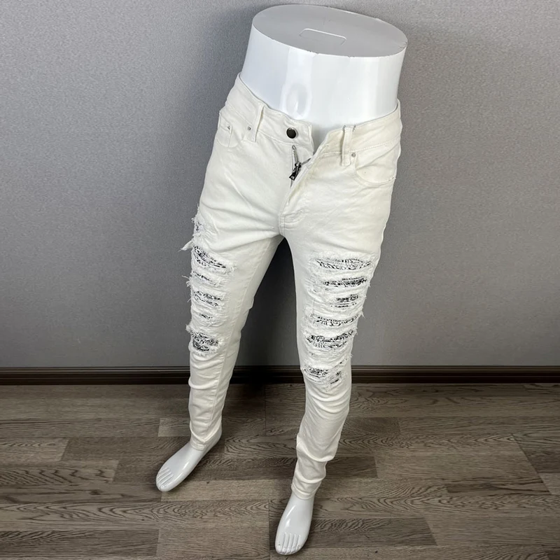 Street Fashion Men Jeans White Color Elastic Stretch Skinny Ripped Jeans Men Bandana Patched Designer Hip Hop Brand Pants Hombre