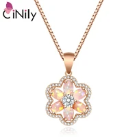 cinily created fire opal pink stone pendant cubic zirconia rose gold plated necklace flower summer jewelry best gifts for girls