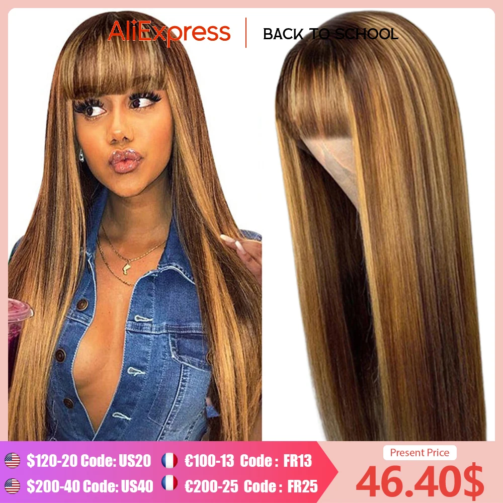 Ombre Straight Human Hair Wig Peruvian Honey Blonde Highlight Straight Wig With Bangs Glueless Machine Made Wigs For Black Women