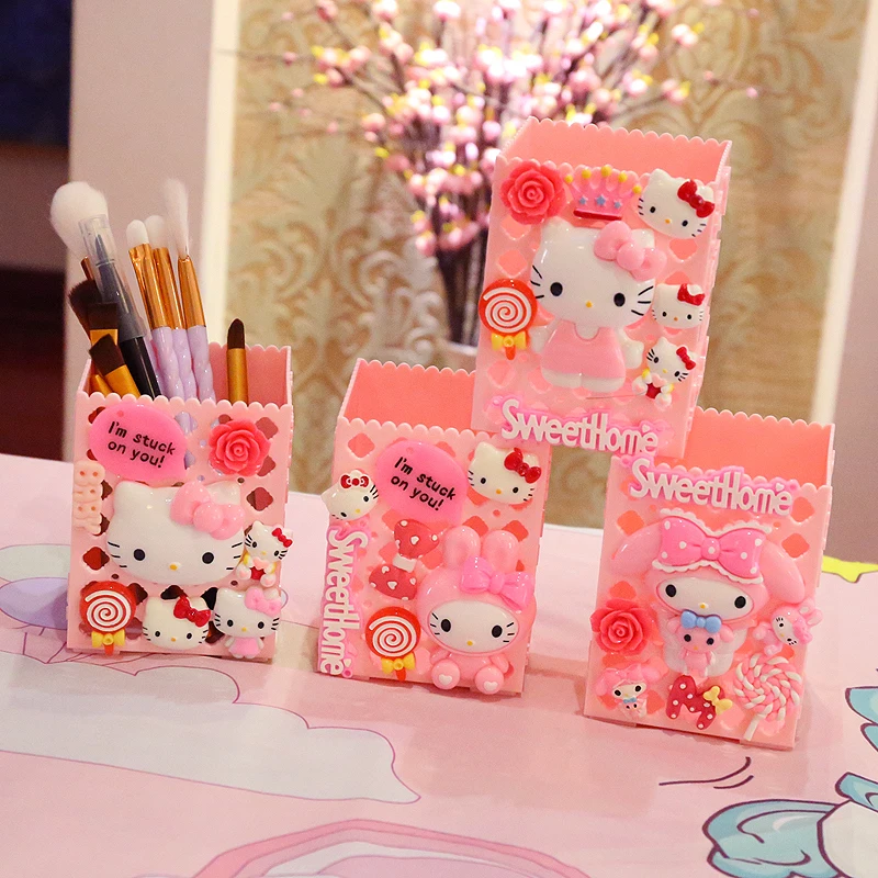 

Hello Kitty Cute Girl Pen Holder Cartoon Embossed Pink Makeup Brush Holder Pen Holder Hollow Sundries Stationery Storage Bucket