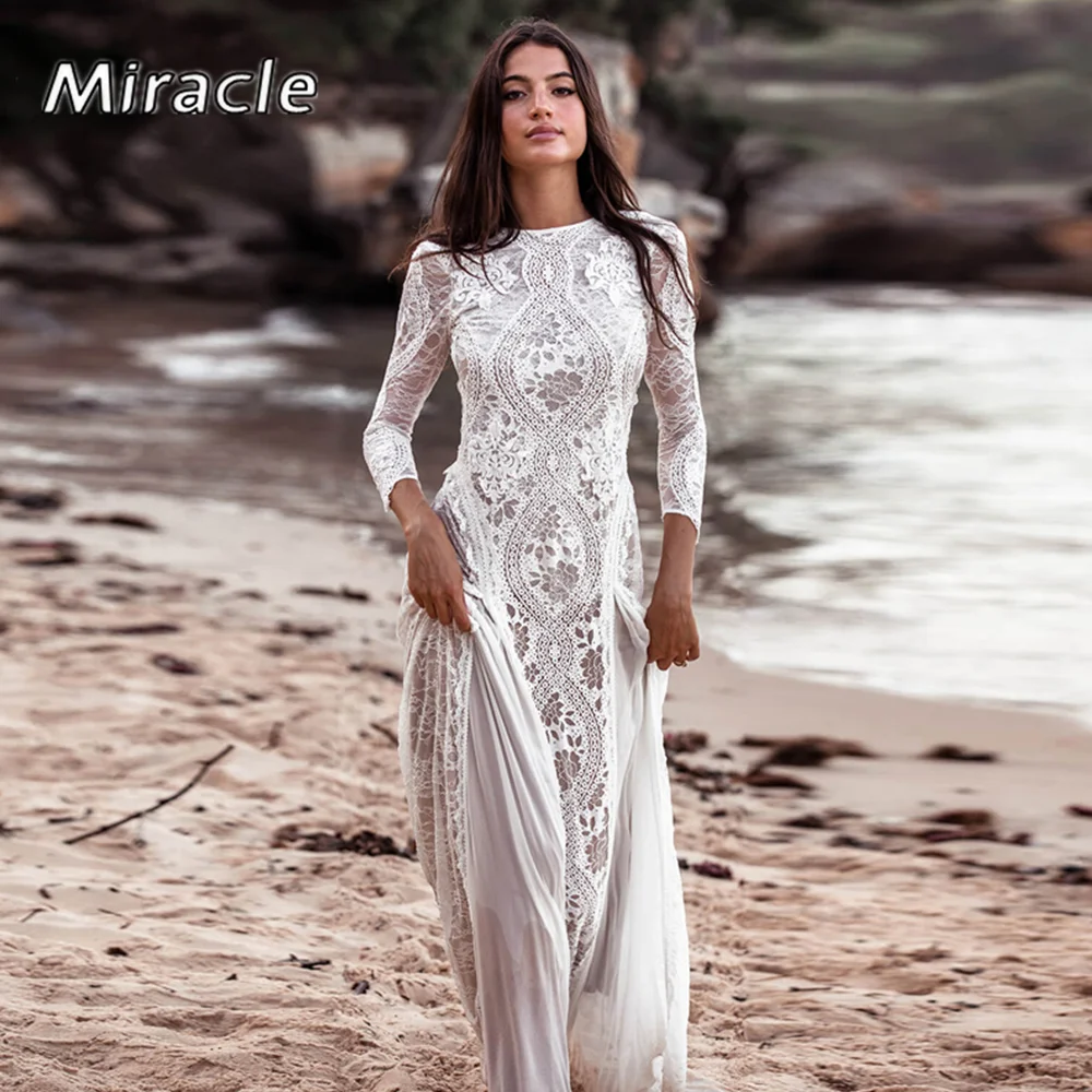 

Sexy Sheath\Column Wedding Dress Pretty O-Neck Bridal Gown Long Sleeve Beauteous Lace Backless Dresses Applique Vestido De Novia