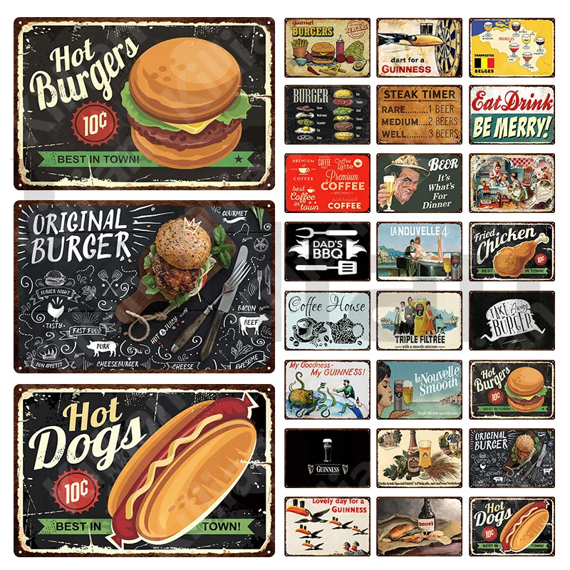 

Burger Metal Sign Hot Original Burger Hot Dog Metal Poster Food Vintage Tin Sign Burger Menu Tin Plate for Burger Shop Decor