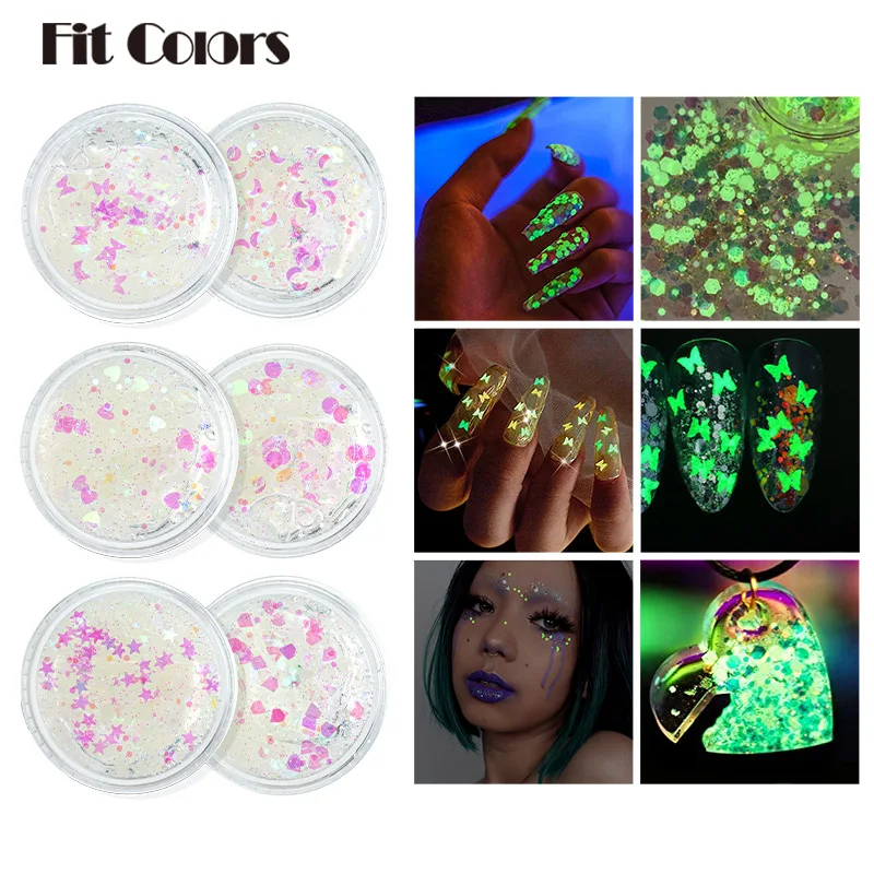 

6 Type Strobe Luminous Nail Neon Glitter Sequin Mixed Hexagon Fluorescent Flake Glow In The Nail Art Manicure Decoration