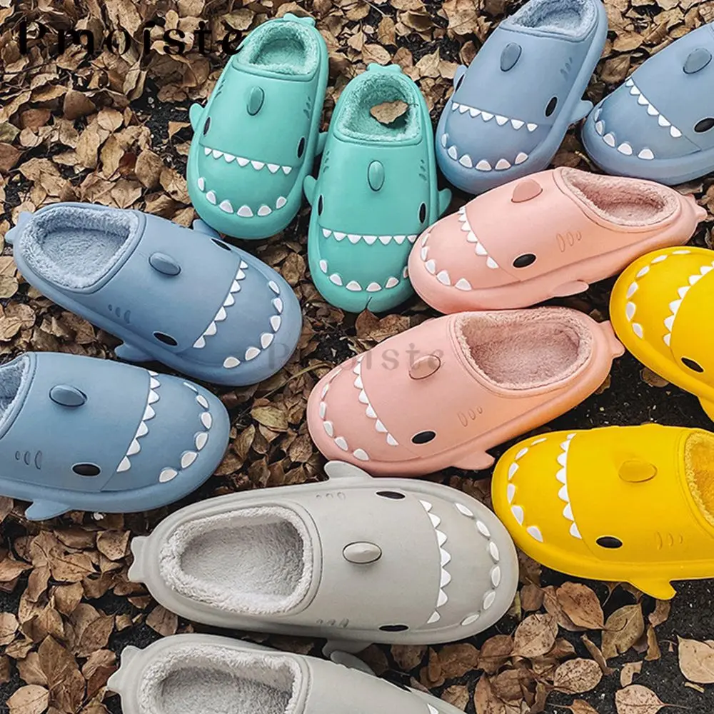 Winter Shark Slippers for Women Cartoon Children Slippers Family Adults Kids Indoor Waterproof Thick Sole Man Plush Slippers