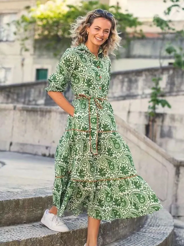 

DYLQFS Elegant Retro Women Dress 2022 New Lapel Printed Long Sleeve Lace Up Single Breasted Shirt Long Dress