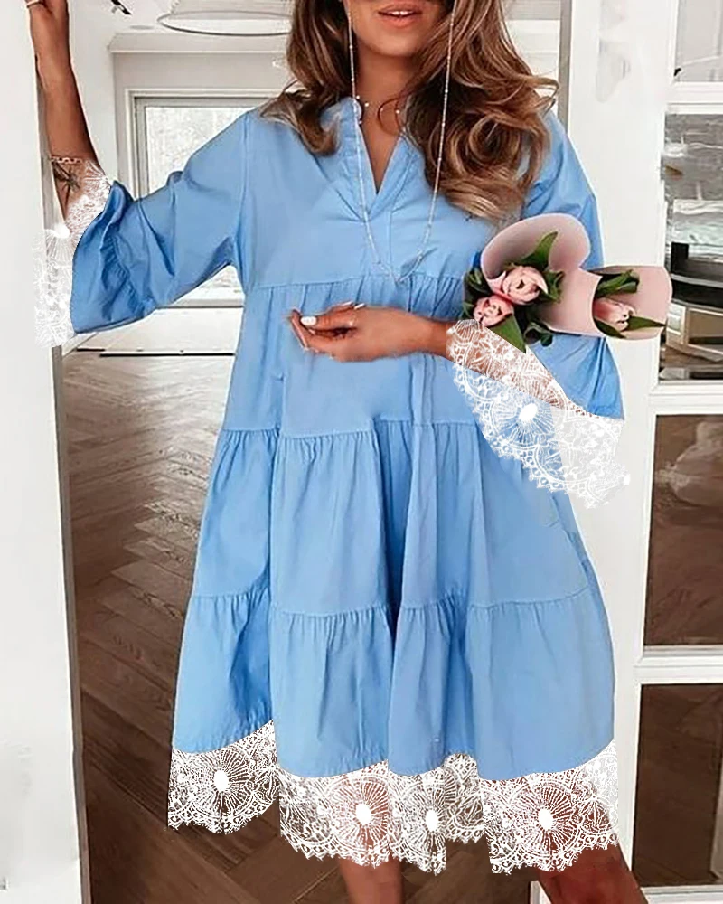 

Casual V-neck Lace Patchwork Loose A-line Dress Women Summer Stand Collar Half Sleeve Dresses