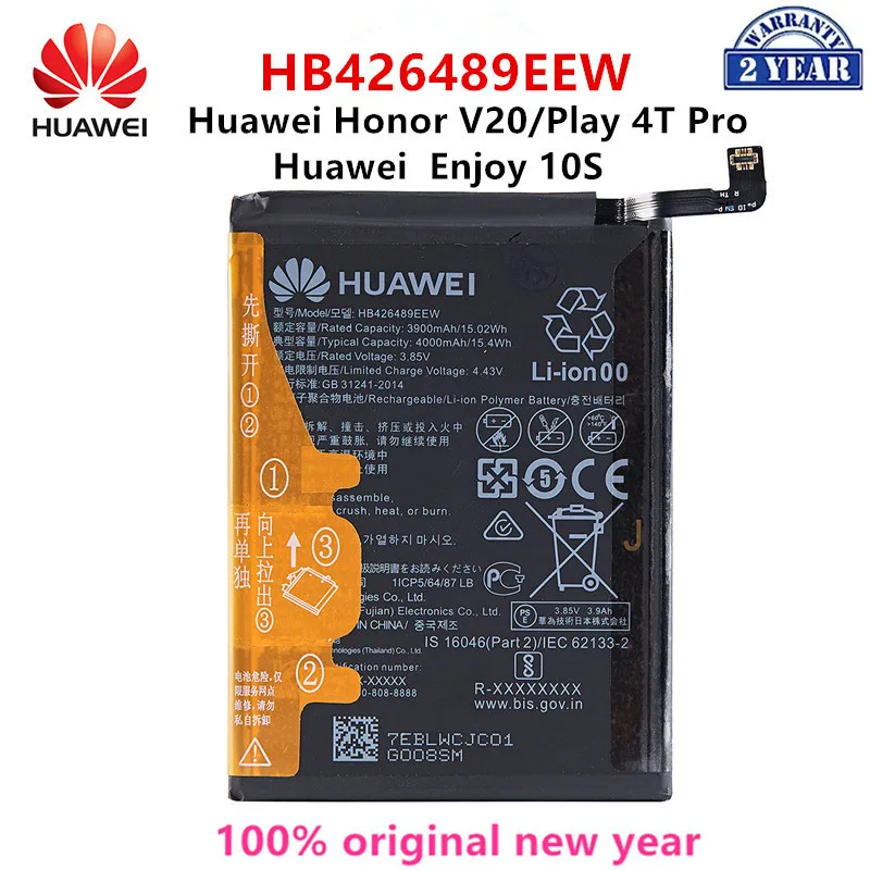 100% Orginal HUAWEI HB426489EEW 4000mAh Battery For Huawei Honor V20/Honor Play 4T Pro/Enjoy 10S Replacement Batteries+Tools