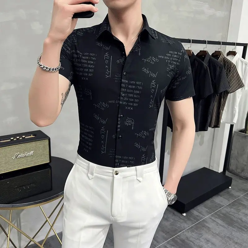 

Plus Size 4XL-M Top Quality Fashion Print Business Casual Men Dress Shirts Slim Fit Short Sleeve Office Blouse Homme Formal Wear