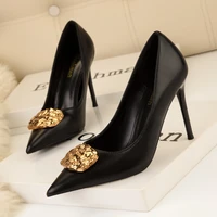 fashion big crystal shallow women pumps 2022 autumn solid flock high heels dress shoes ladies pointed diamond buckle office shoe