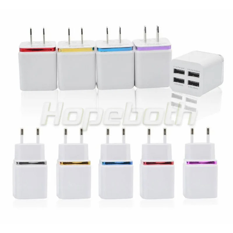 20Pcs Colors Portable 4 Ports Smart USB Charger Universal Fast Charging Travel Phone Charger US EU Plug AC Power Adapter
