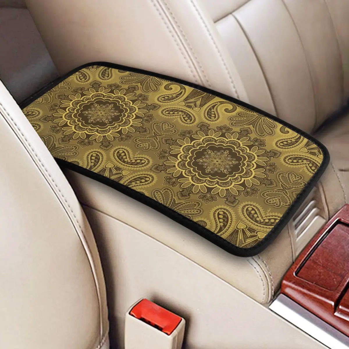 

Leather Center Console Cover Pad Universal Car Decor Accessories Bandana Style Pattern Car Armrest Cover Mat Storage Box Cushion